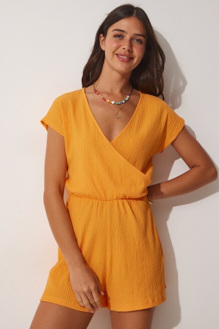 Anvelop Yaka Şortlu Kısa Örme Tulum ORANJ LUB0026