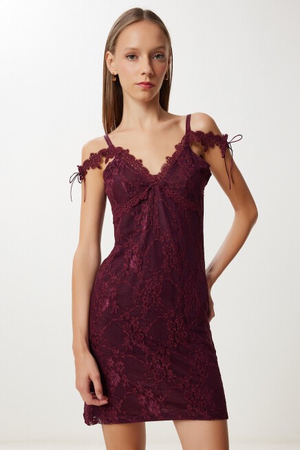 Askılı Dantelli Mini Örme Elbise BORDO LNV0008