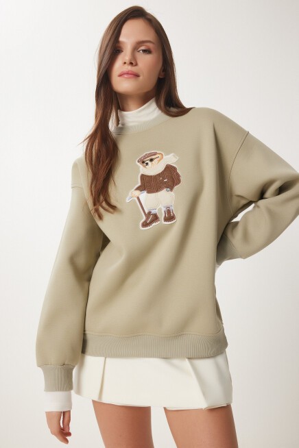 Ayıcık Armalı Şardonlu Örme Sweatshirt KİL YEŞİLİ LWE0001