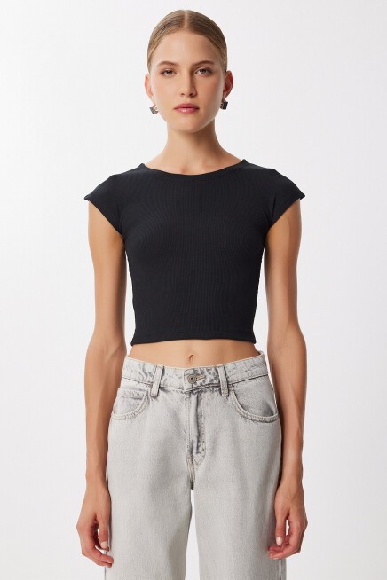 Basic Fitilli Örme Crop Bluz SİYAH LMX0122