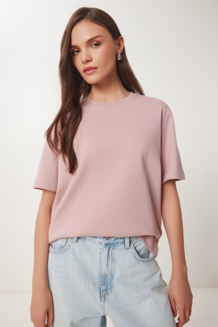 Basic Pamuklu Örme T-shirt GÜL KURUSU LUS0094
