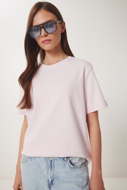 Basic Pamuklu Örme T-shirt PEMBE LUS0094