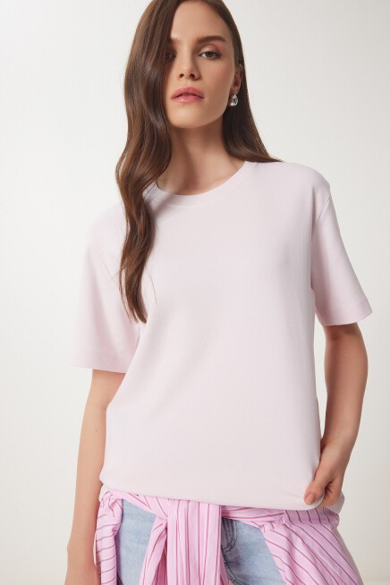 Basic Pamuklu Örme T-shirt ŞEKER PEMBE LUS0094