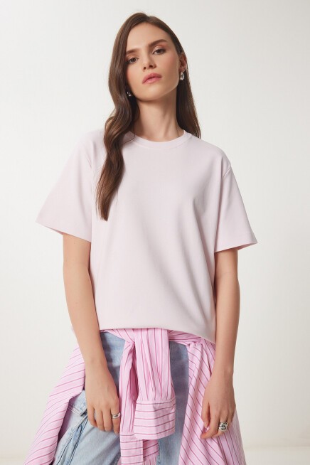 Basic Pamuklu Örme T-shirt ŞEKER PEMBE LUS0094