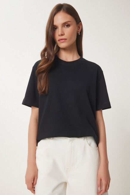 Basic Pamuklu Örme T-shirt SİYAH LUS0094