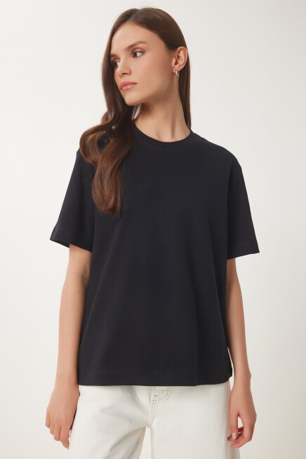 Basic Pamuklu Örme T-shirt SİYAH LUS0094