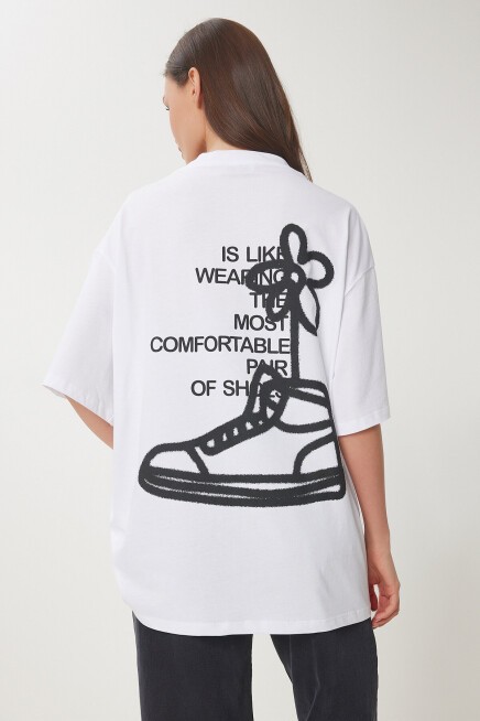 Baskılı Pamuklu Oversize Örme T-shirt BEYAZ LUB0104