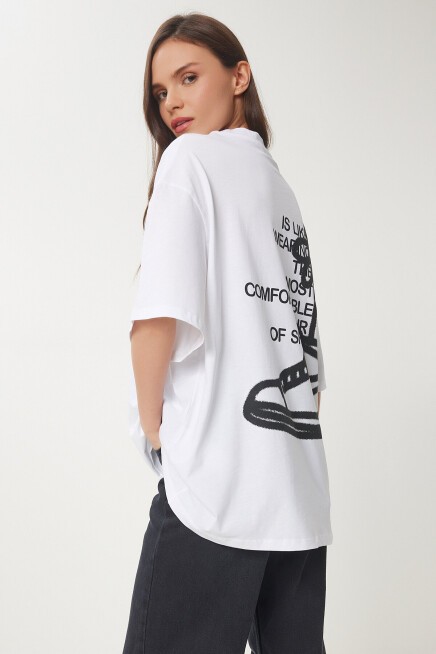 Baskılı Pamuklu Oversize Örme T-shirt BEYAZ LUB0104