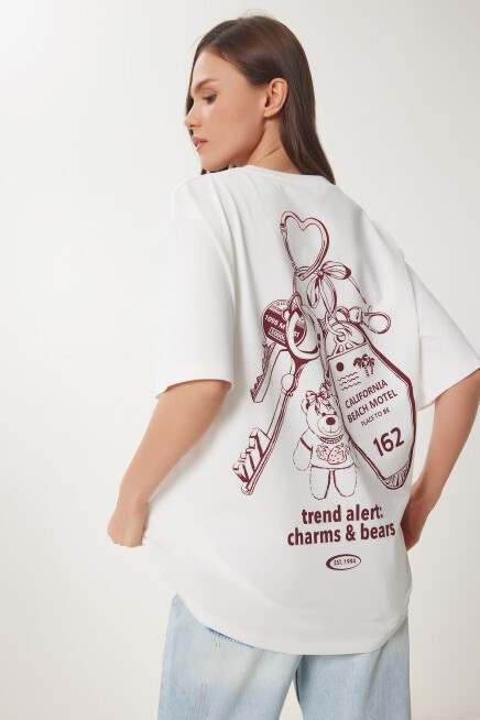 Baskılı Pamuklu Oversize Örme T-shirt EKRU LUB0105