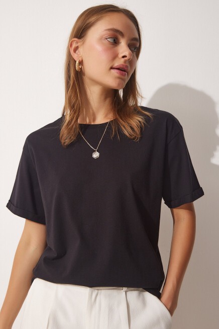 Bisiklet Yaka Pamuklu Bol Örme T-Shirt SİYAH LUB0050