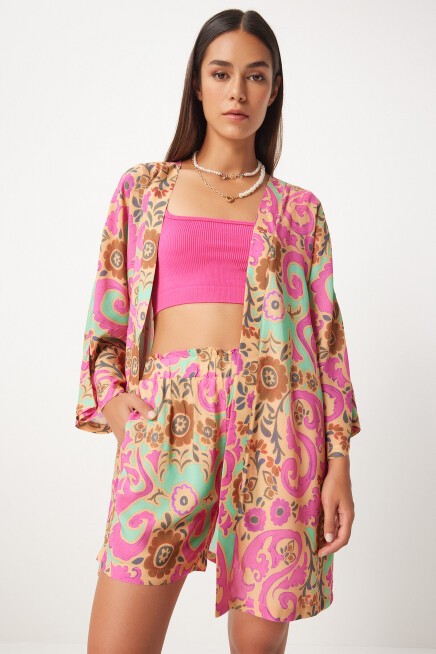 Desenli Viskon  Kimono Şort Takım BEJ PEMBE LWF0006