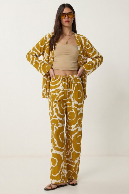 Desenli Yazlık Viskon Kimono Pantolon Takım HARDAL KEMİK LRN0013