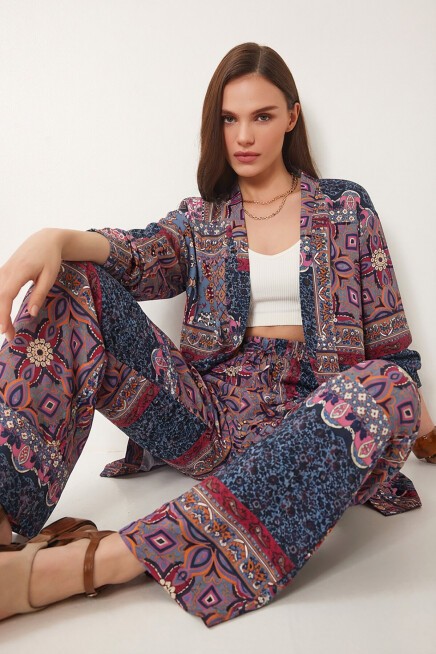 Desenli Yazlık Viskon Kimono Pantolon Takım İNDİGO MAVİ PEMBE LRN0013