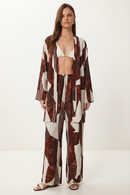 Desenli Yazlık Viskon Kimono Pantolon Takım KAHVERENGİ KEMİK LRN0013