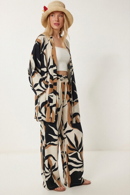Desenli Yazlık Viskon Kimono Pantolon Takım KREM LACİVERT LRN0013