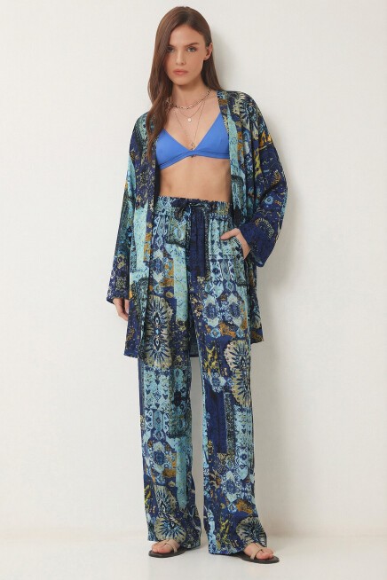 Desenli Yazlık Viskon Kimono Pantolon Takım MAVİ SARI LRN0013