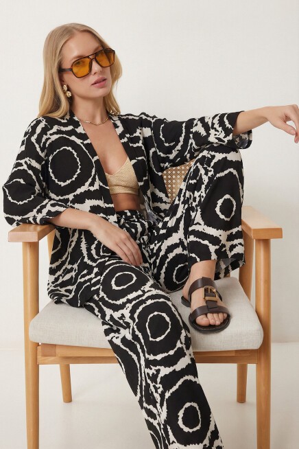 Desenli Yazlık Viskon Kimono Pantolon Takım SİYAH BEYAZ LRN0013
