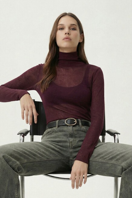 Dik Yaka Transparan Örme Bluz BORDO LZV0046