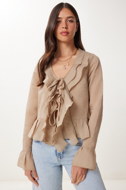 Dokulu Volanlı Hafif Transparan Modal Bluz BEJ LMX0099
