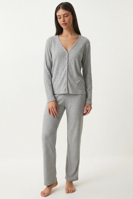 Düğmeli Fitilli Örme Hırka Pijama Takımı GRİ MELANJ LRN0017
