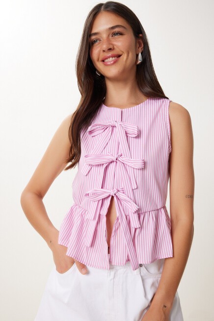 Fiyonk Bağlamalı Çizgili Dokuma Bluz PEMBE LFF0032