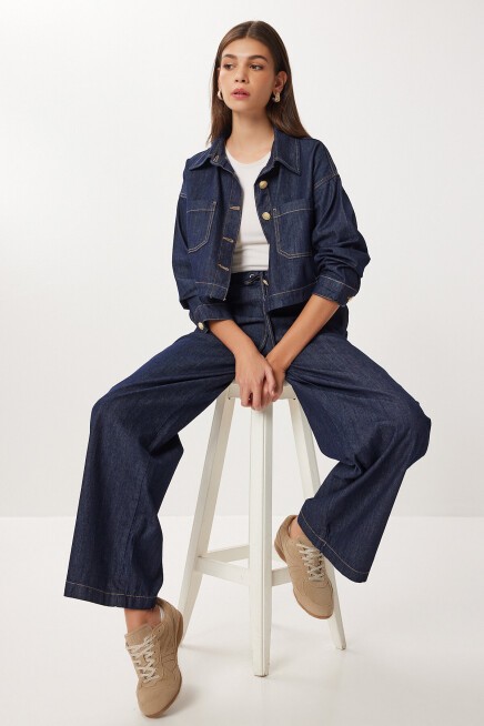 Gold Düğmeli Denim Ceket Pantolon Takım KOYU MAVİ LRI0014