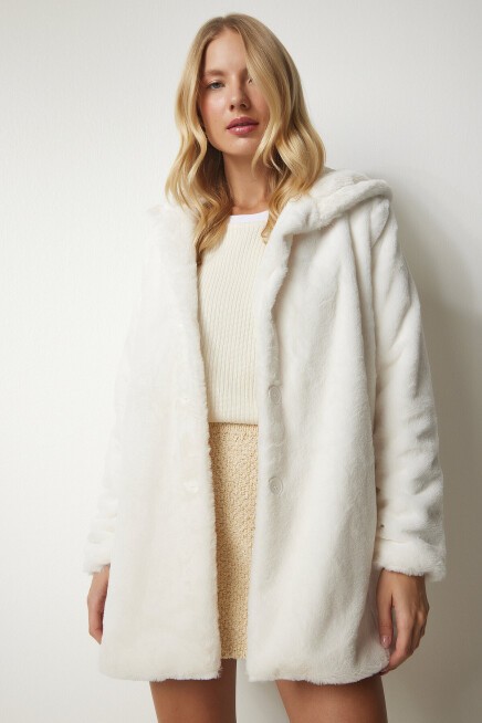 Kapüşonlu Oversize Kürklü Peluş Kaban EKRU LRV0023