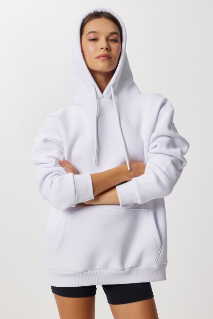 Kapüşonlu Oversize Şardonlu Örme Sweatshirt BEYAZ LEN0042