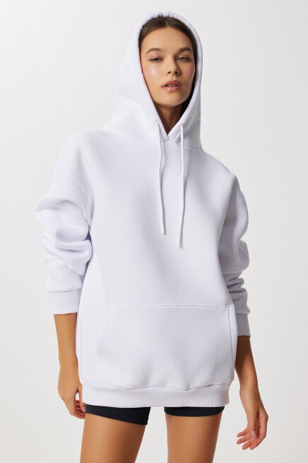Kapüşonlu Oversize Şardonlu Örme Sweatshirt BEYAZ LEN0042