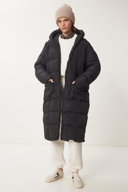 Kapüşonlu Oversize Uzun Şişme Kaban SİYAH LNT0001