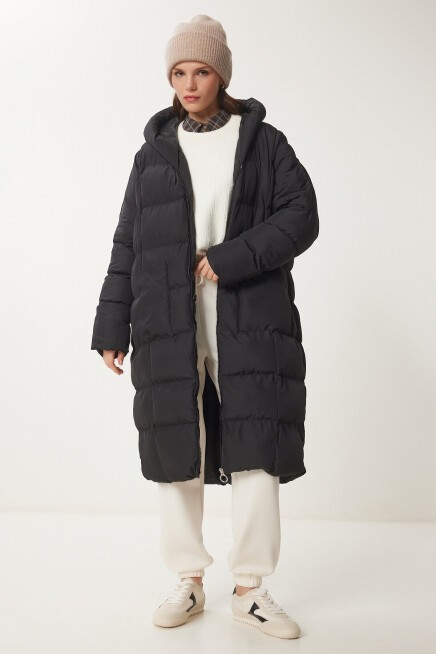 Kapüşonlu Oversize Uzun Şişme Kaban SİYAH LNT0001
