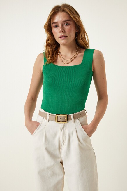 Kare Yaka Triko Bluz KOYU YEŞİL LUS0004