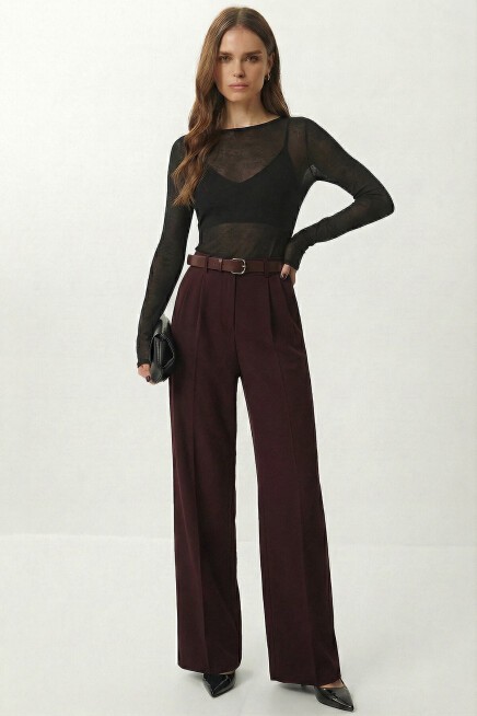 Kemerli Geniş Paça Esnek Örme Pantolon BORDO LZV0045