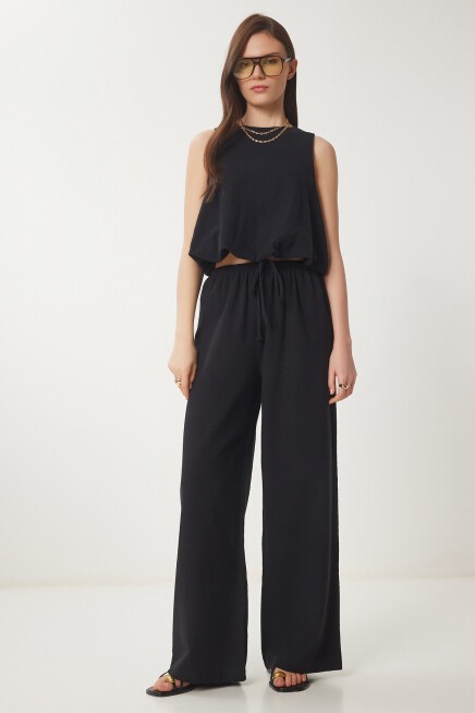 Keten Balon Bluz Pantolon Takım SİYAH LUS0092