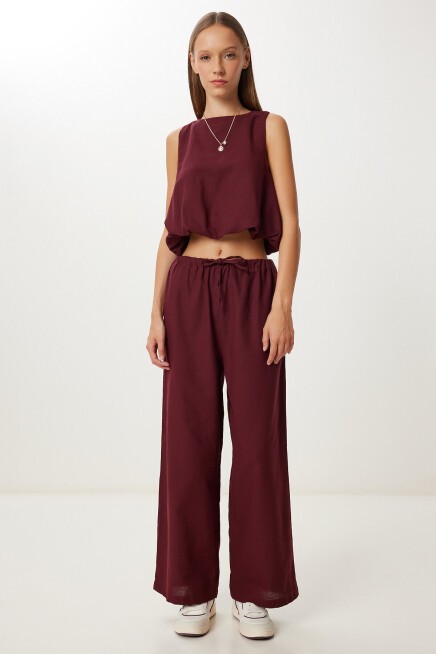 Keten Culotte Pantolon Bluz Takım BORDO LRV0116