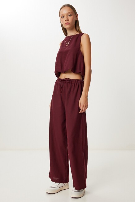 Keten Culotte Pantolon Bluz Takım BORDO LRV0116