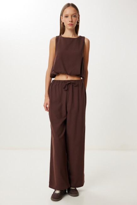 Keten Culotte Pantolon Bluz Takım KAHVERENGİ LRV0116