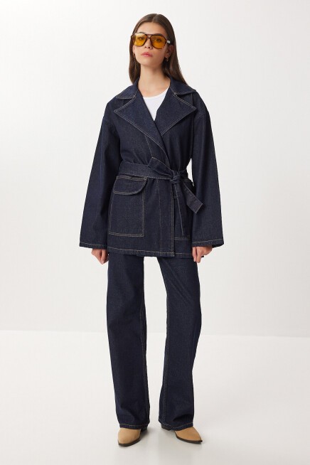 Kuşaklı Denim Ceket Pantolon Takım KOYU MAVİ LRI0013