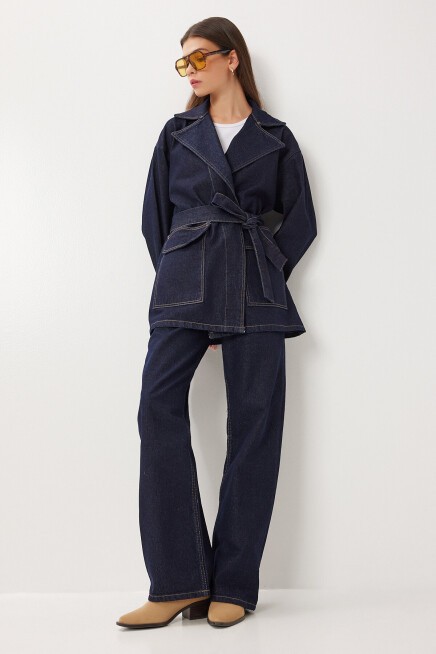 Kuşaklı Denim Ceket Pantolon Takım KOYU MAVİ LRI0013
