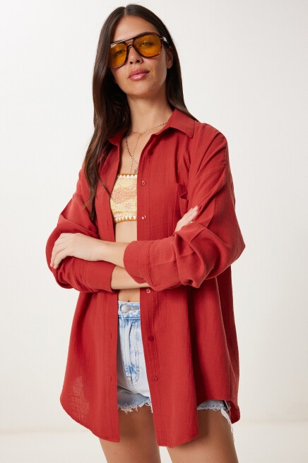 Oversize Basic Müslin Gömlek KİREMİT LMX0002