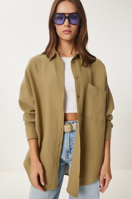 Oversize Basic Müslin Gömlek YAĞ YEŞİLİ LMX0002