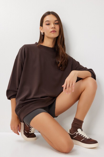 Oversize Basic Yumuşak Modal Sweatshirt KAHVERENGİ LUB0249