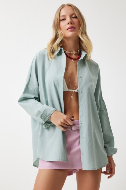 Oversize Uzun Basic Gömlek ÇAĞLA YEŞİLİ LMX0106