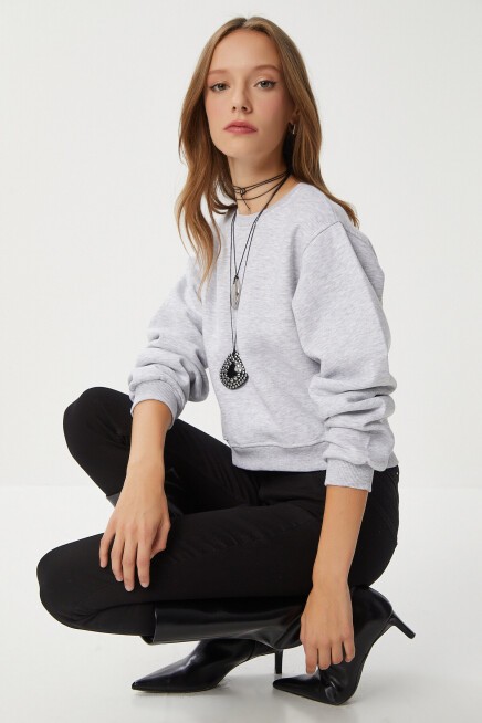 Şardonlu Crop Sweatshirt GRİ MELANJ LUB0043