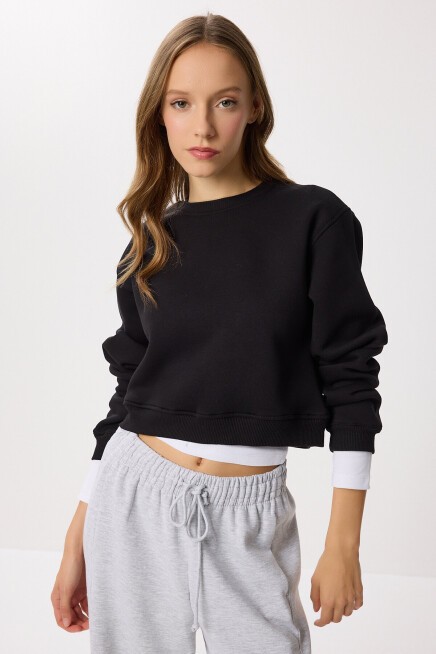 Şardonlu Crop Sweatshirt SİYAH LUB0043