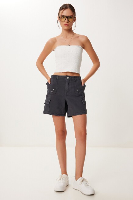 Soluk Efektli Cepli Denim Şort ANTRASİT LUT0018