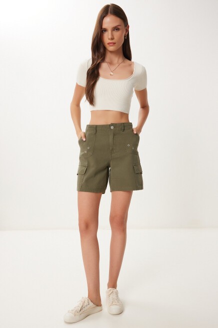 Soluk Efektli Cepli Denim Şort HAKİ LUT0018
