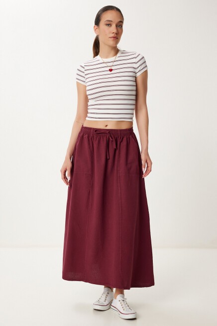 Soluk Efektli Kloş Denim Etek BORDO LMX0074