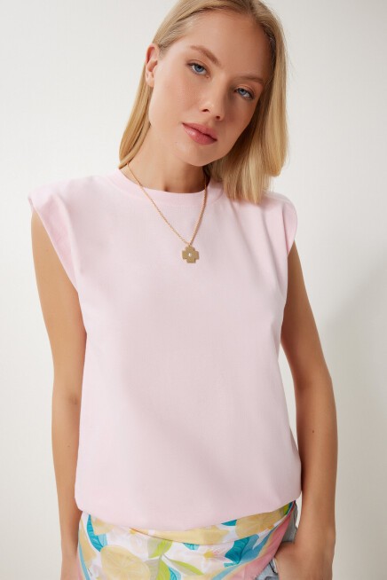 Vatkalı Pamuklu Örme T-shirt PEMBE LUB0109