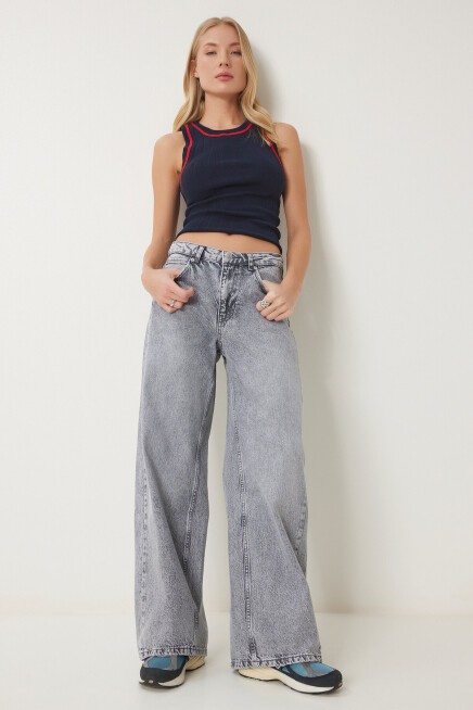 Yıkamalı Geniş Paça Jean GRİ LUS0098
